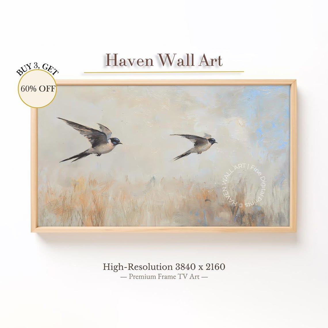 Two Swallows in Flight Over Soft Meadow Vintage Bird Painting Poster