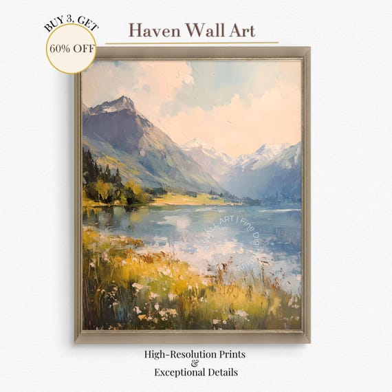Summer Lake Serenity Wildflowers Mountain Reflection Tranquil Nature Print Pub117