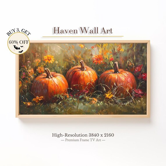 Halloween Pumpkin Patch Three Pumpkins Wildflower Field Poster