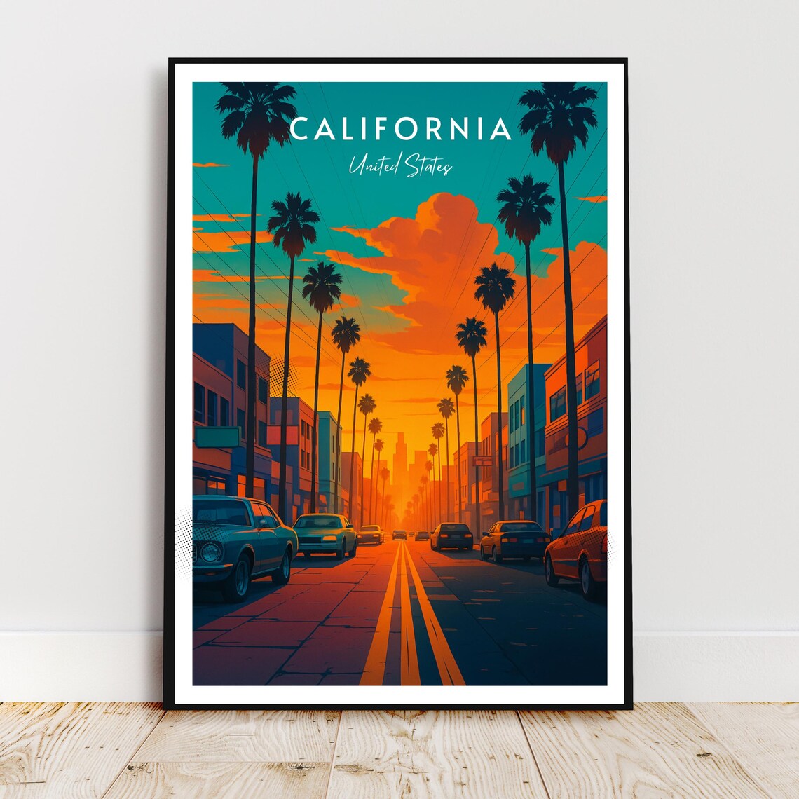 California Palm Lined Street Sunset Vintage Cars Hollywood Travel Poster