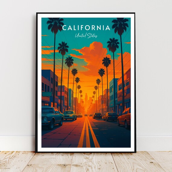 California Palm Lined Street Sunset Vintage Cars Hollywood Travel Poster