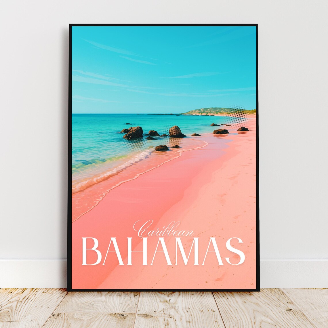 Bahamas Caribbean Soft Pink Sand Beach Turquoise Waves Travel Poster