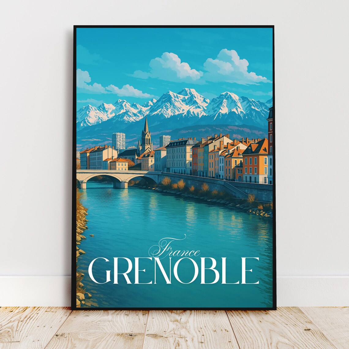 Grenoble France Riverside City Snowy Alps Mountain Travel Poster