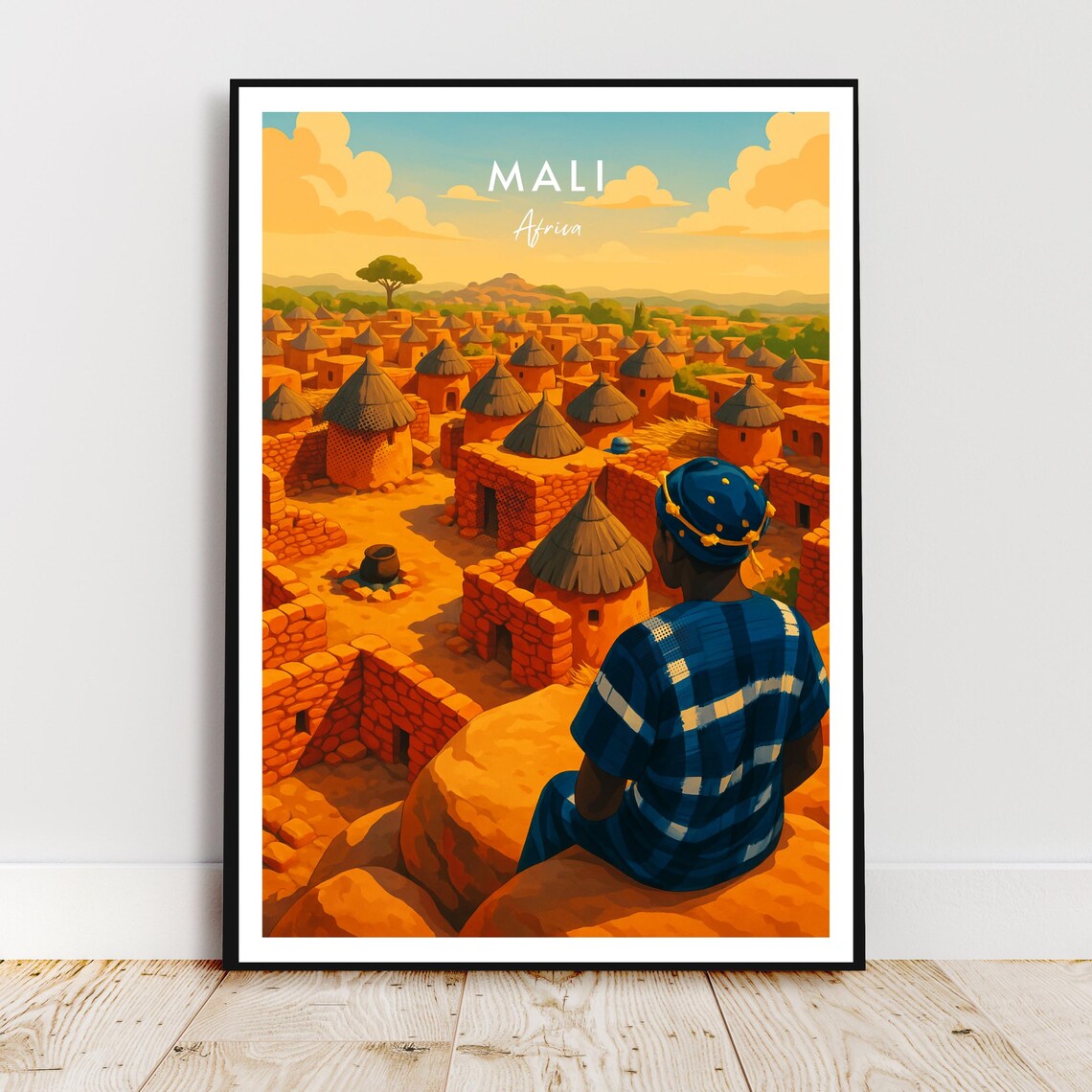 Mali Dogon Village Mud Huts Sahel Sunset African Travel Poster