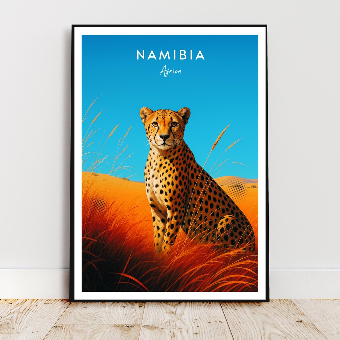 Namibia Africa Travel Poster Cheetah Golden Savanna Wildlife Art