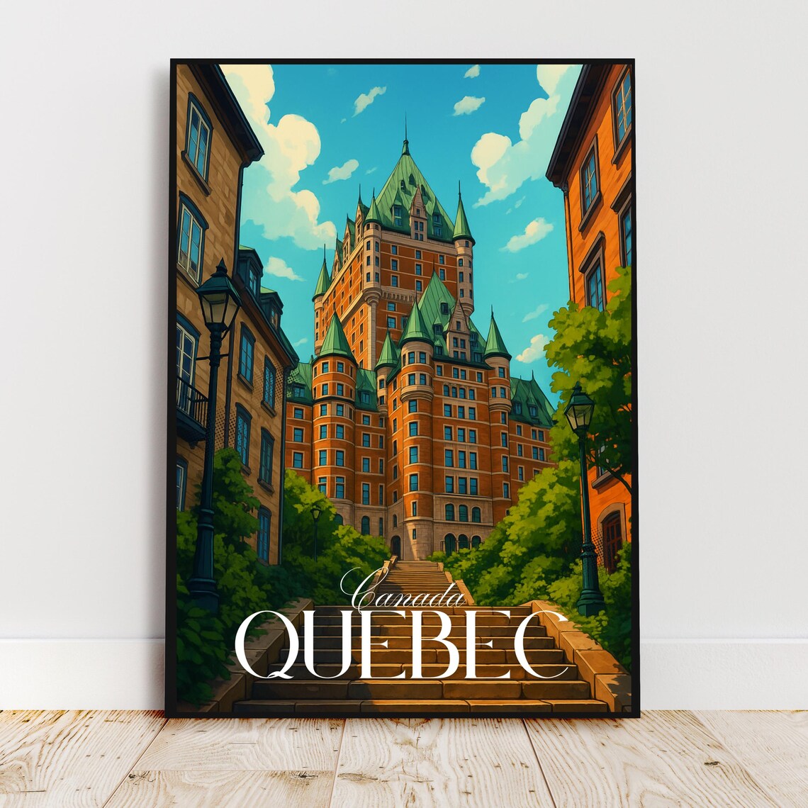 Quebec Canada Travel Poster Chateau Frontenac Green Roofs Vintage Style