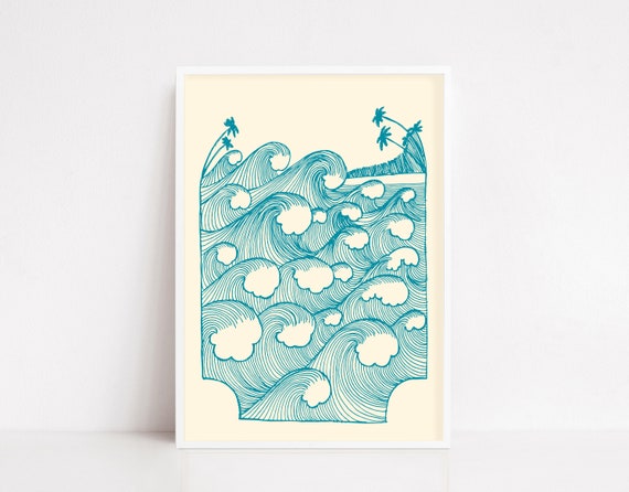 Vintage Waves Illustration Poster, Retro Surf Print