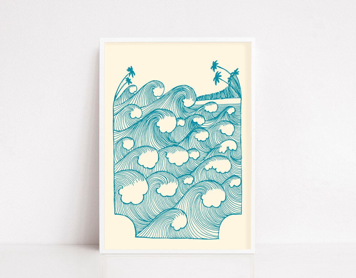 Vintage Waves Illustration Poster, Retro Surf Print
