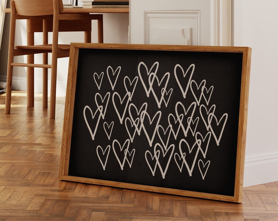 Scattered Hearts Black and White Hand Drawn Love Wall Poster