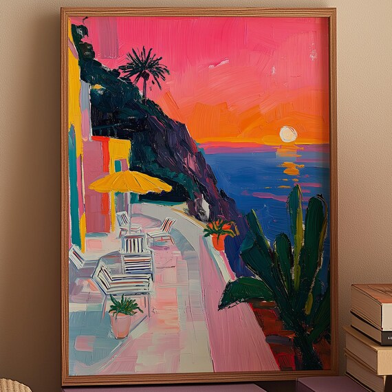 Pink Coastal Sunset Terrace With Palms and Cliffs Seaside Art Poster