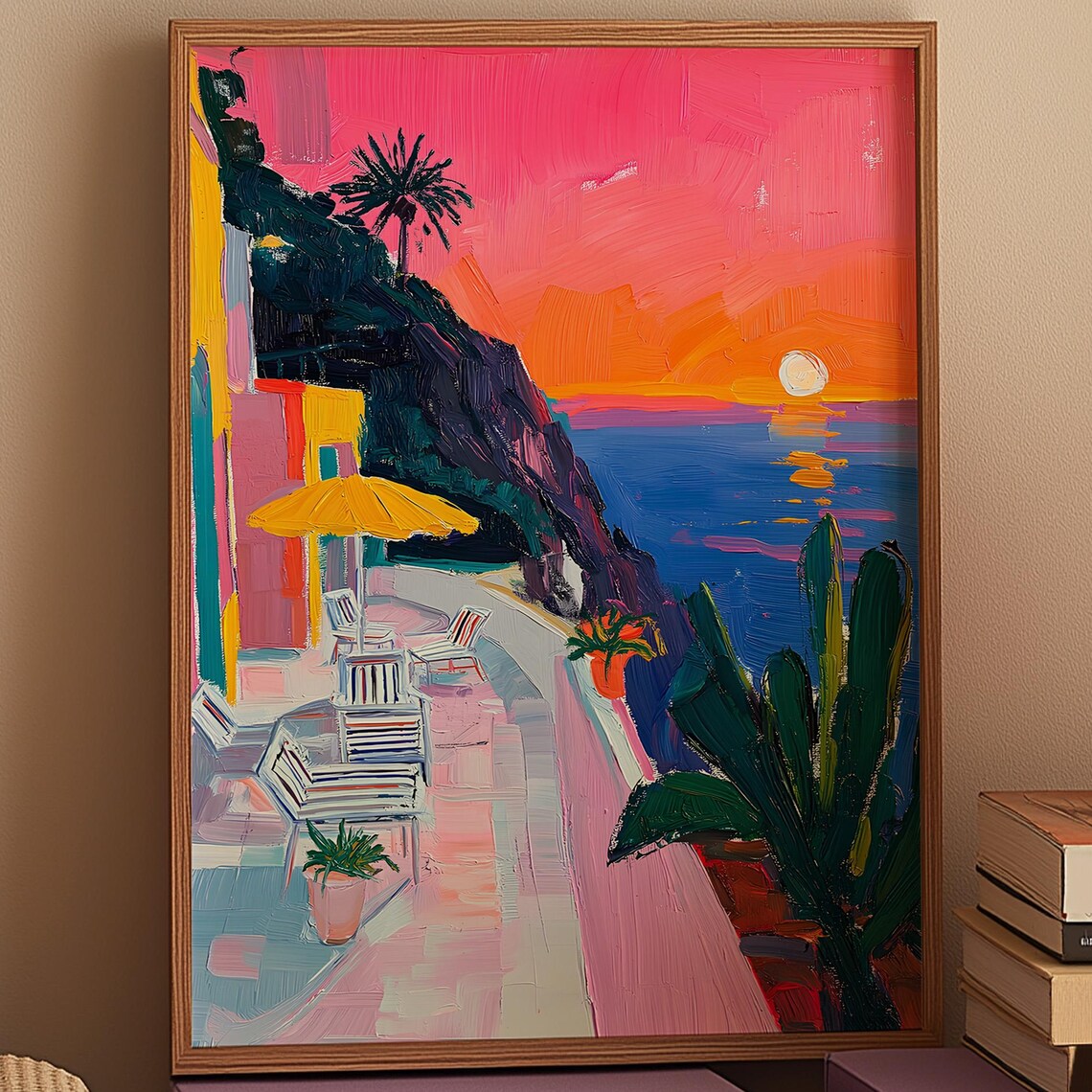 Pink Coastal Sunset Terrace With Palms and Cliffs Seaside Art Poster