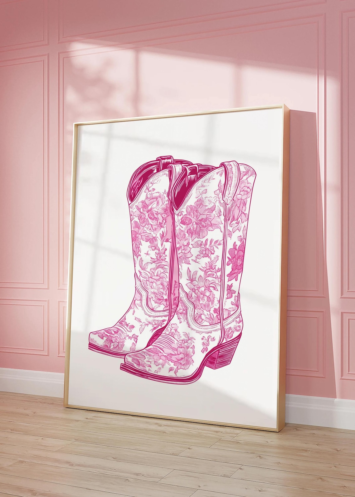 Pink Floral Cowgirl Boots Western Line Art Cowboy Chic Wall Art