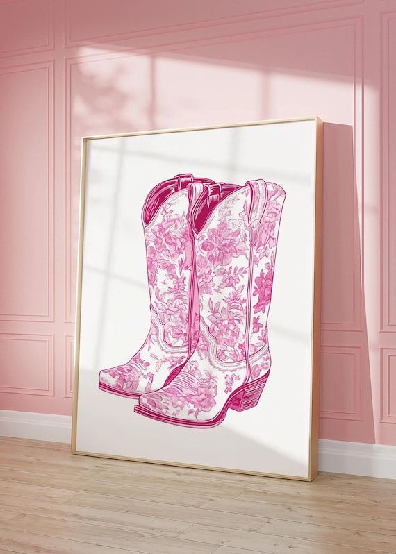 Pink Floral Cowgirl Boots Western Line Art Cowboy Chic Wall Art