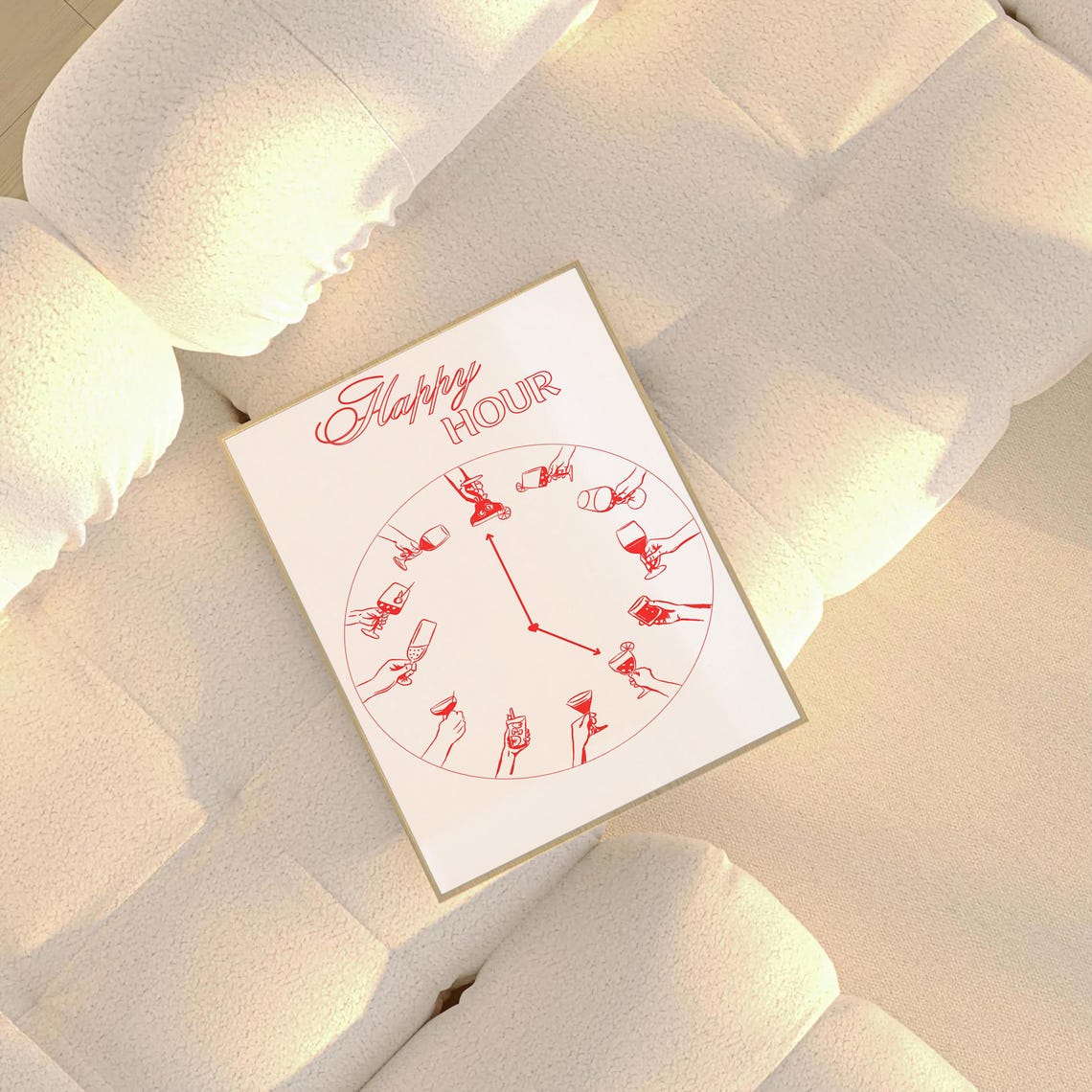 Happy Hour Cocktail Clock Red Line Art Bar Cart Kitchen Poster - Image 2