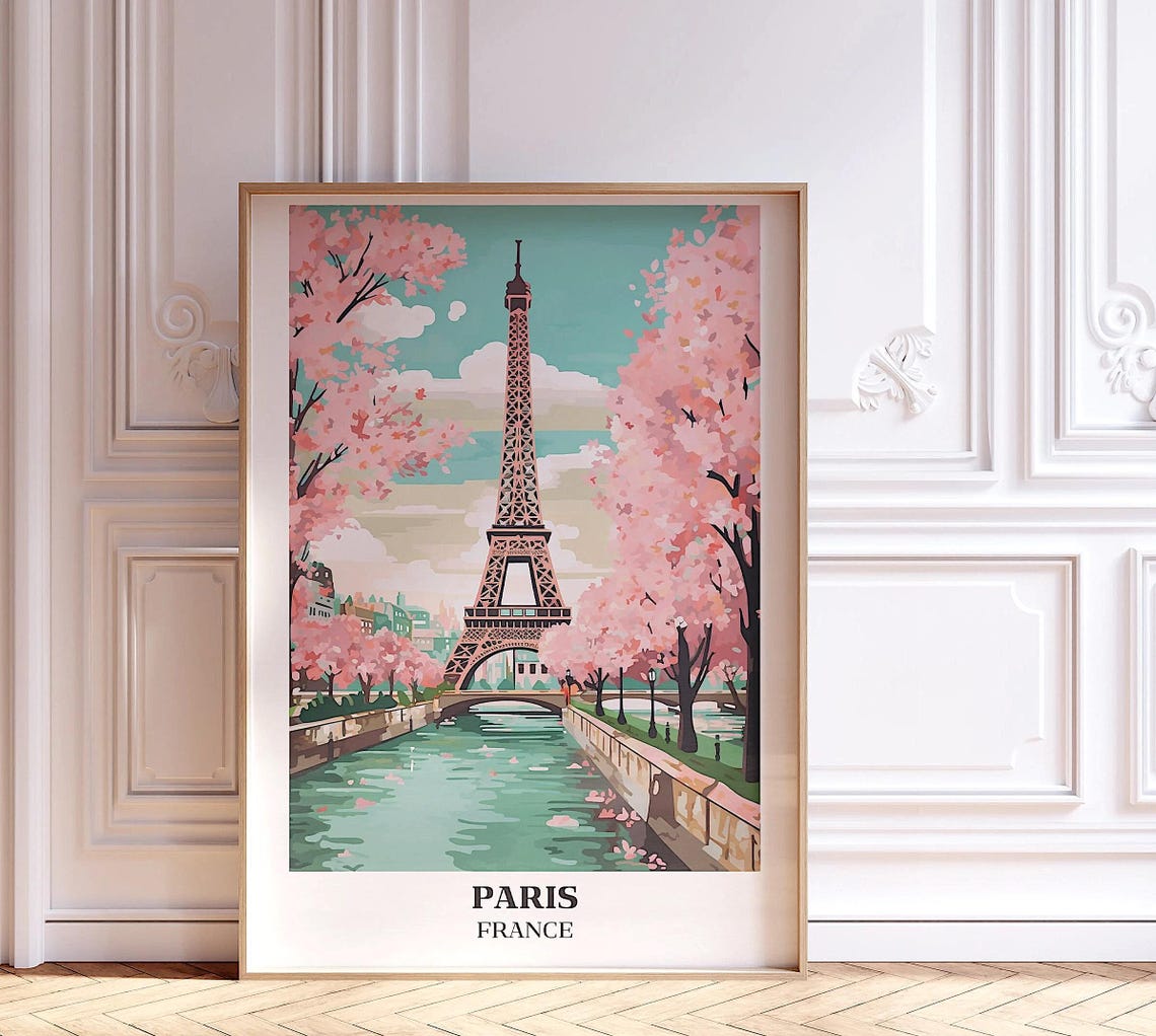 Paris France Eiffel Tower Pink Blossom Canal Spring Scene Poster - Image 2