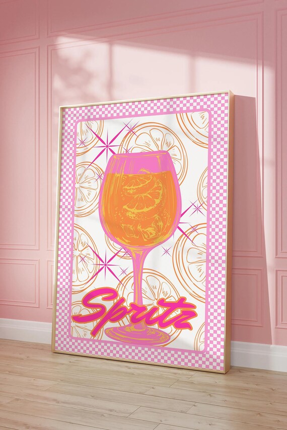 Pink Aperol Spritz Cocktail Retro Checkered Border Drink Poster