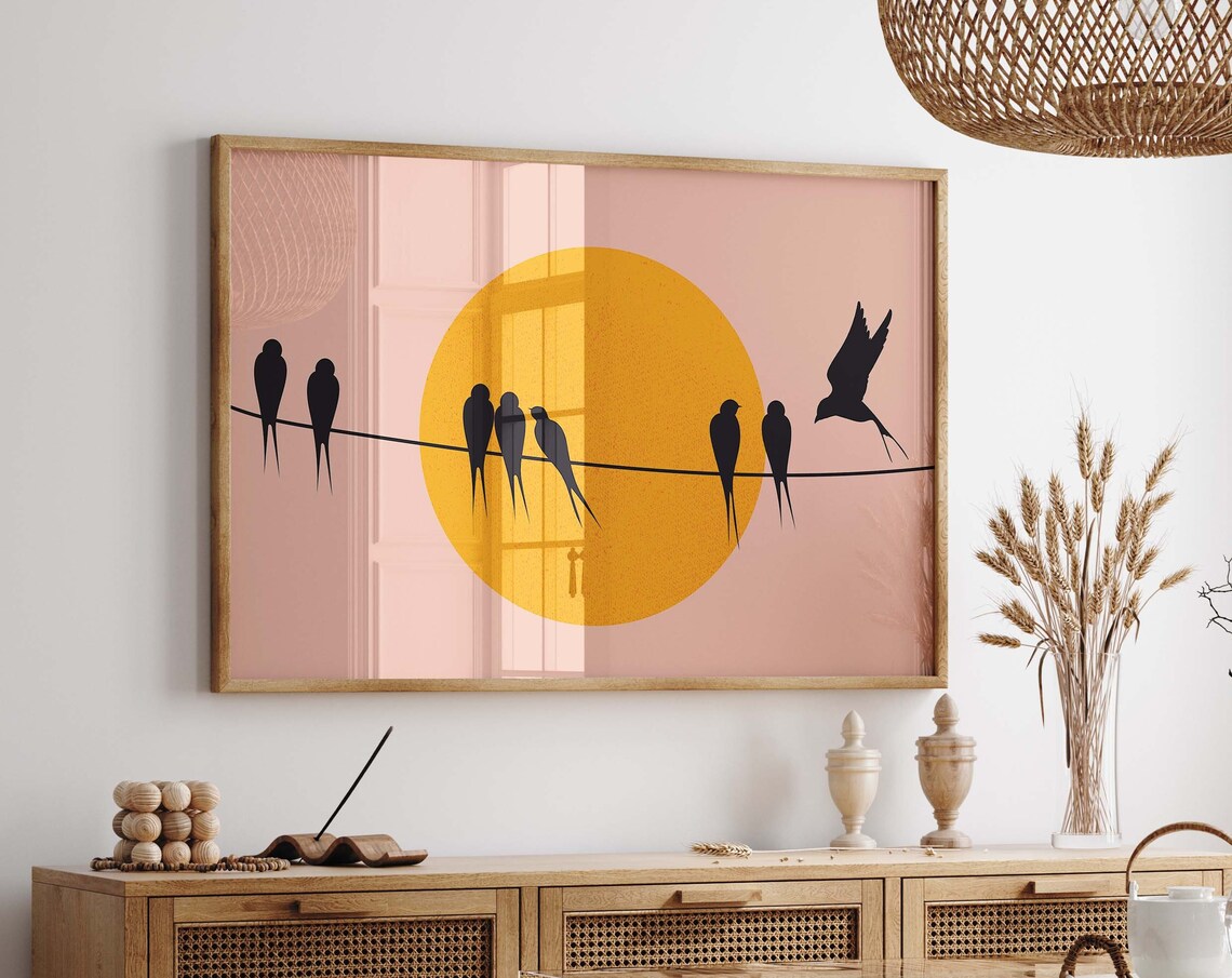 Minimalist Flying Birds Sun Print, Horizontal Poster
