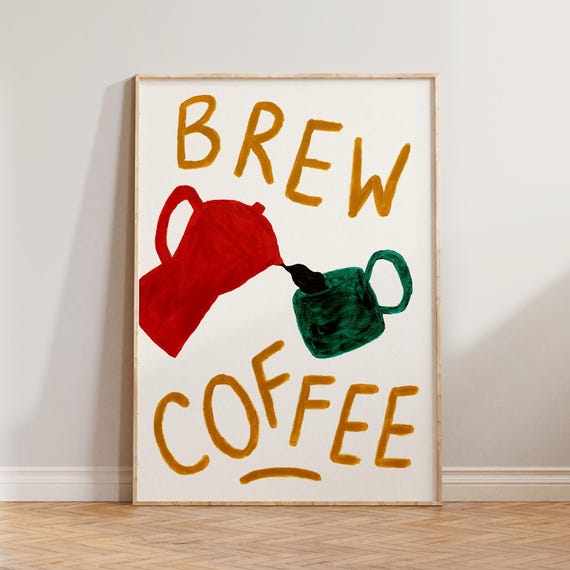 Retro Kitchen Wall Art Brew Coffee Print Mid Century Decor Hand Painted Cafe Poster