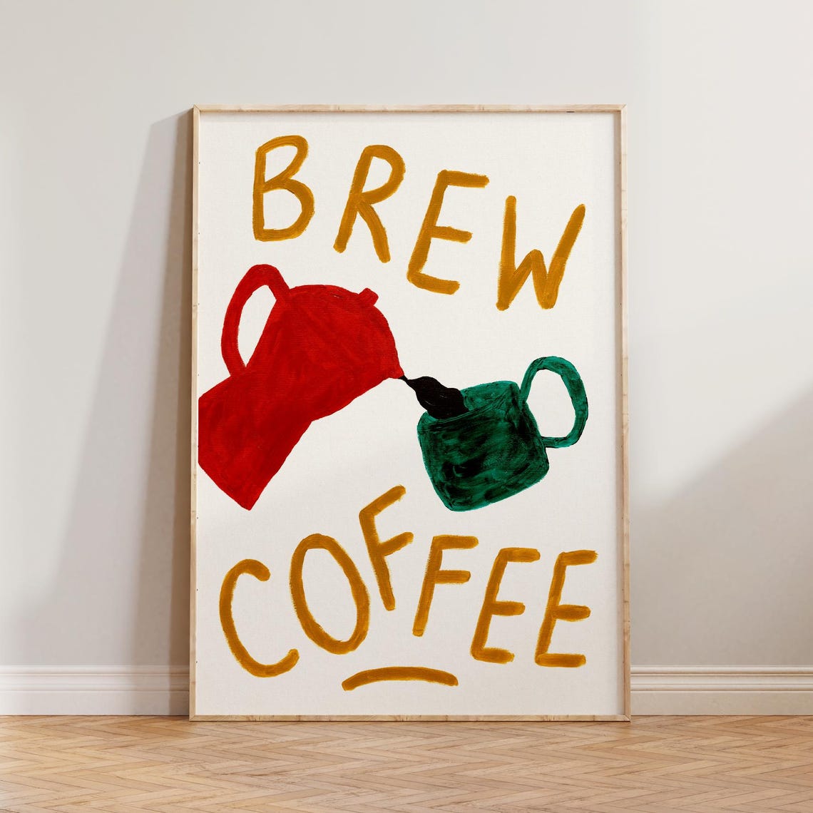 Brew Coffee Red Pot Green Mug Hand Painted Kitchen Art Poster