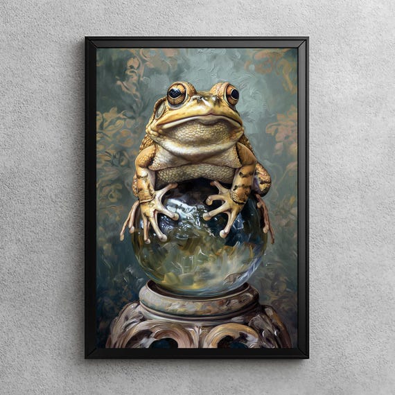The Enchanted Toad Gothic Fantasy Art Frog On Crystal Ball Whimsical Animal Decor Dark Academia Wall Mystical Print