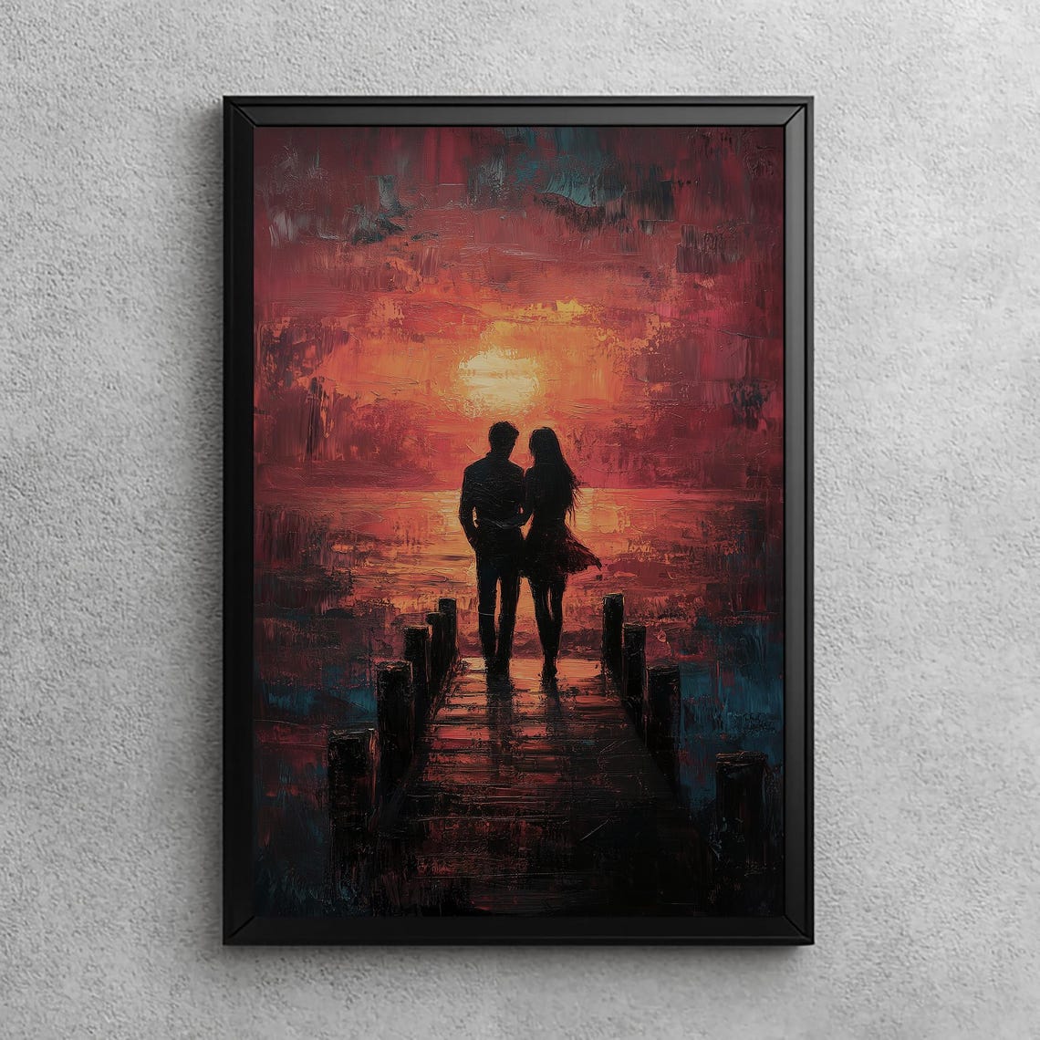 Romantic Couple Silhouette Sunset Pier Valentine Oil Painting Poster