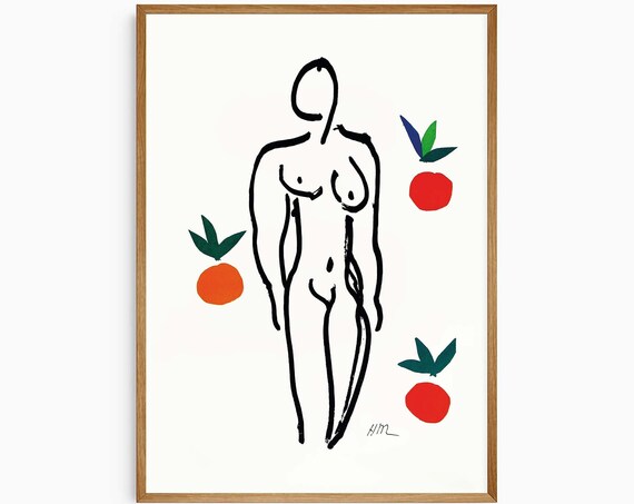 Matisse Style Nude Woman Line Drawing With Colorful Oranges Print