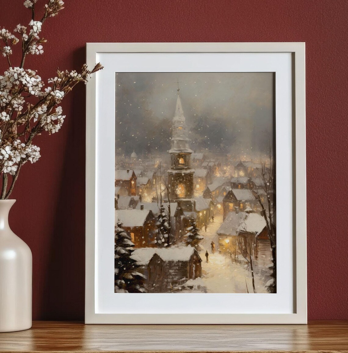 Snowy Christmas Town Church Steeple Night Glowing Village Art Poster - Image 4