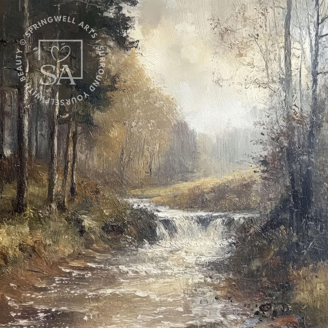 Summer Forest Landscape, Vintage Woodland Waterfall