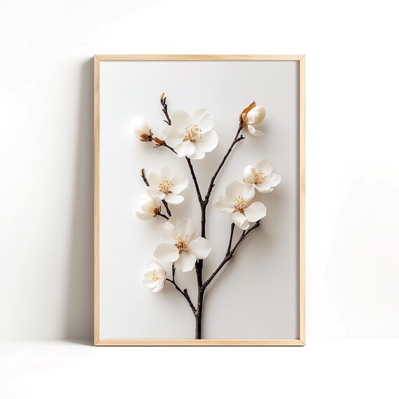 White Spring Blossoms Branch Minimalist Floral Botanical Nature Wall Art