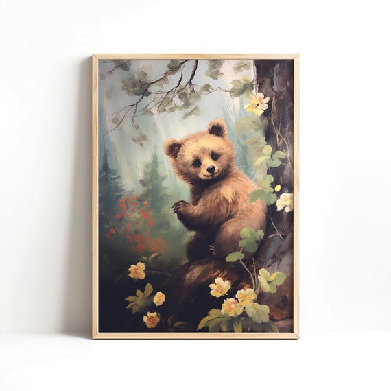 Cute Baby Animal Print Kids Bedroom Nursery Decor Bear Cub Wall Art Instant Vintage Minimalist Poster