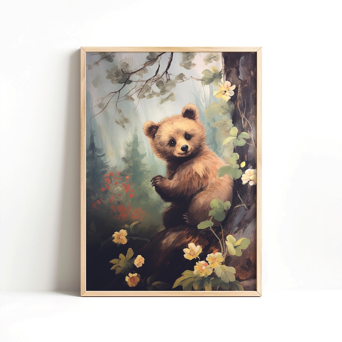Baby Bear Cub Forest Painting Cute Woodland Nursery Wall Decor Poster