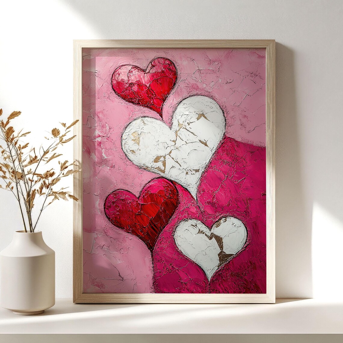 Red and Pink Hearts Impasto Painting Valentine Love Wall Decor Poster - Image 3