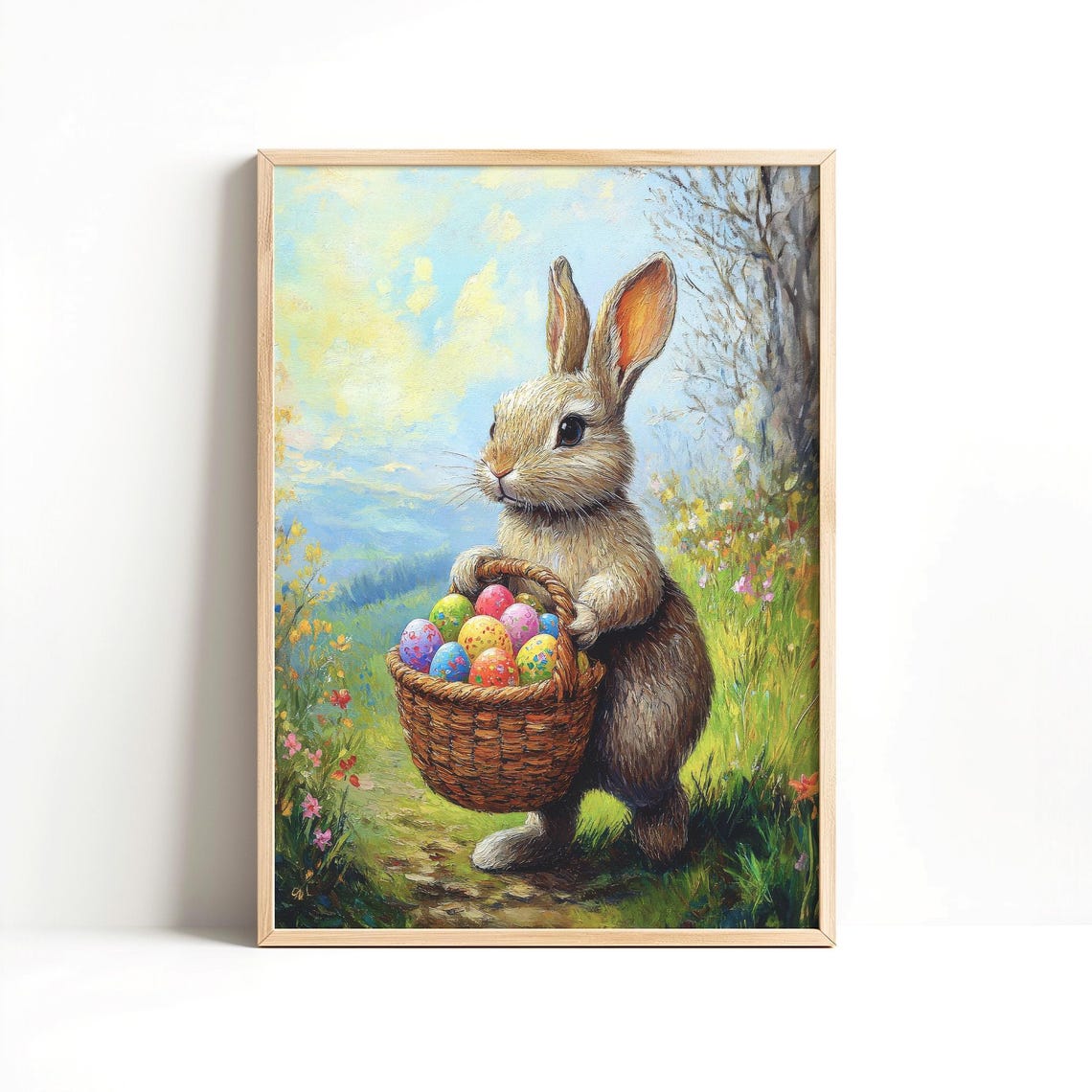 Easter Bunny Basket Painting Cute Rabbit Spring Holiday Poster
