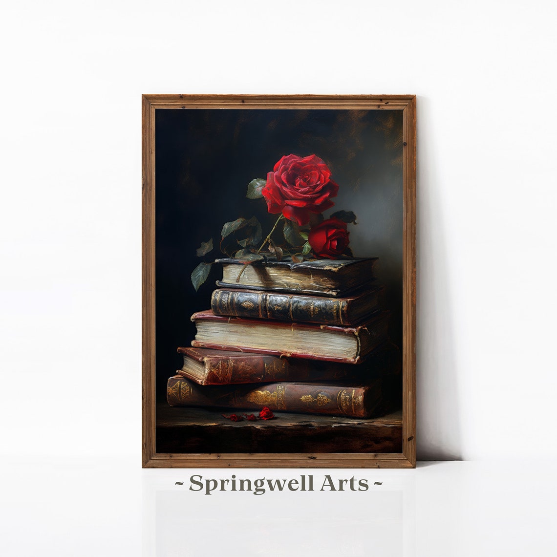 Red Roses On Antique Books Dark Academia Romantic Flower Art Poster