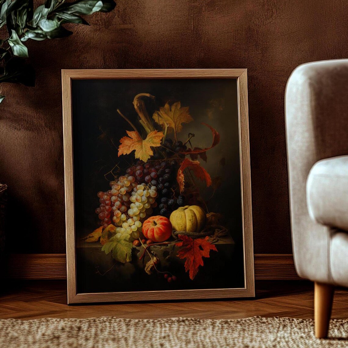 Fall Harvest Still Life Grapes Pumpkin Gourd Autumn Leaves Poster - Image 3