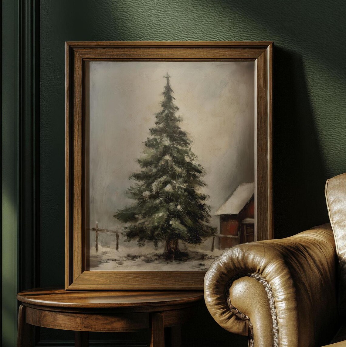 Vintage Snowy Evergreen Tree Red Barn Farm Winter Art Poster - Image 2