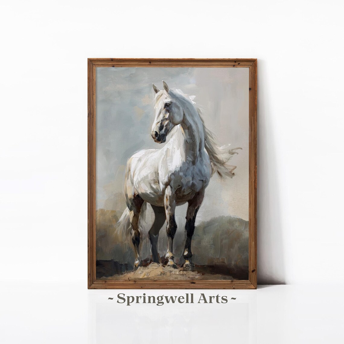 Majestic White Horse Standing Tall Vintage Equine Portrait Poster