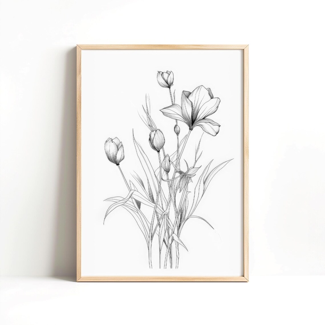 Black And White Tulip Floral Sketch Minimalist Botanical Line Poster