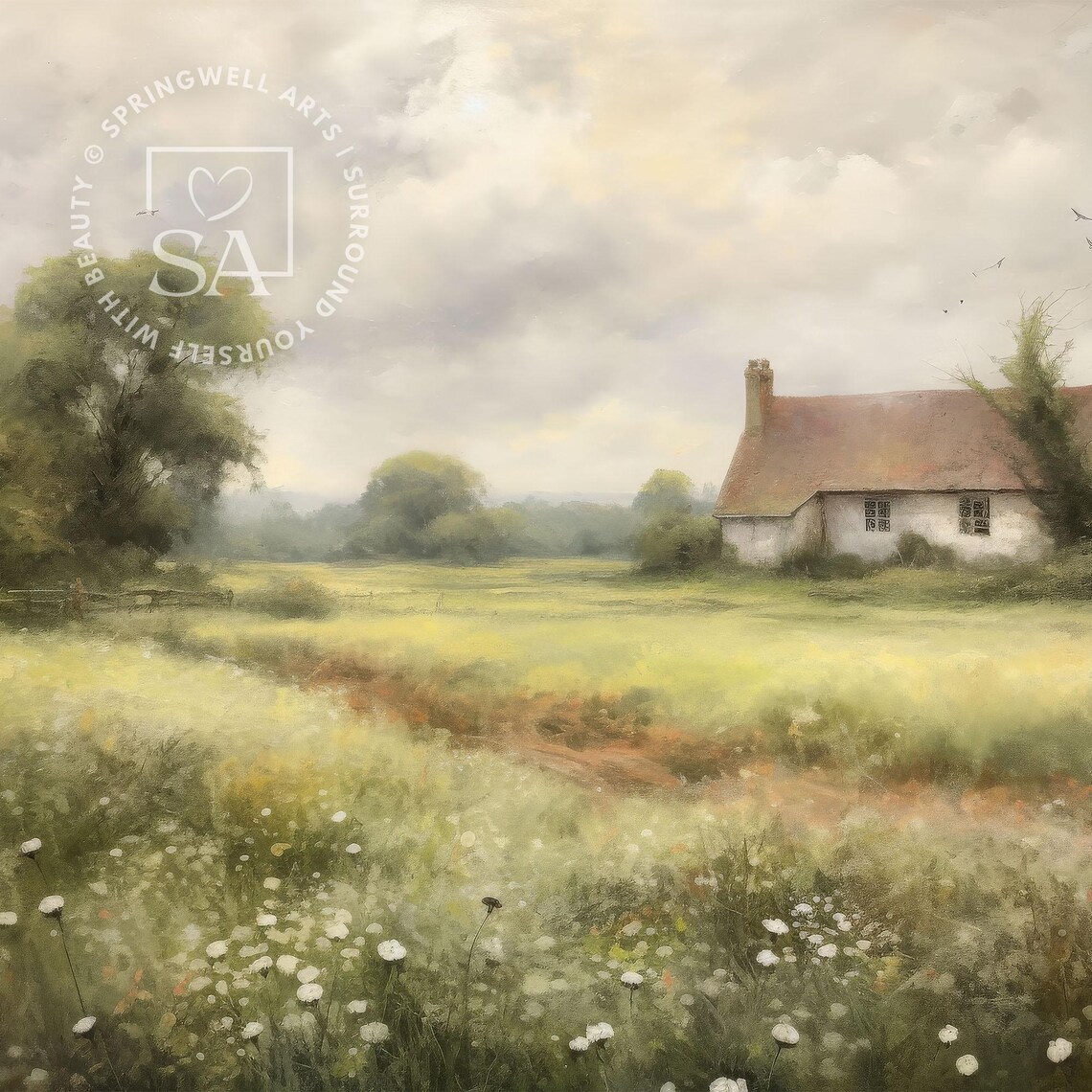 White Farmhouse Daisy Meadow Serene Country Cottage Landscape Poster - Image 5