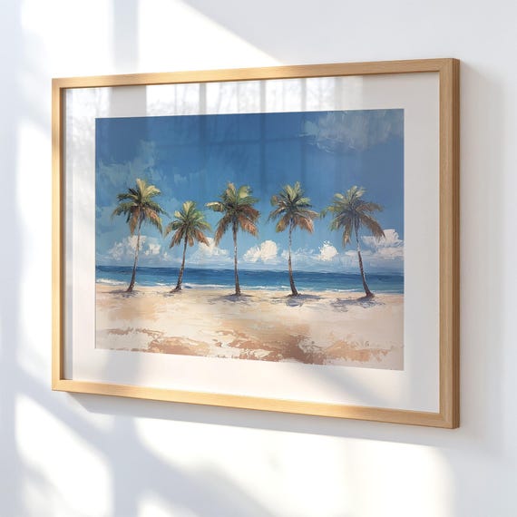Palm Tree Beach Painting, Vintage Tropical Seascape