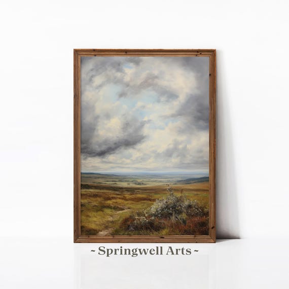 Vintage Prairie Landscape Painting Serene Countryside Wall Art Rustic Home Decor Cloudy Sky Scenic Artwork