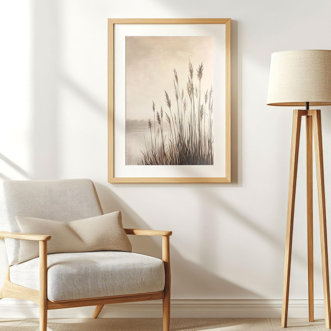 Beige Coastal Grass Lake Landscape Painting Monochrome Minimalist Wall Art - Image 2