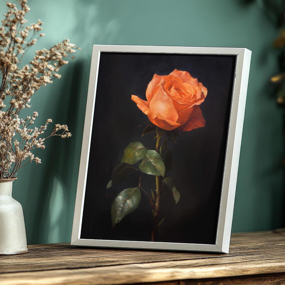 Orange Rose Dark Background Moody Botanical Flower Painting Poster - Image 4