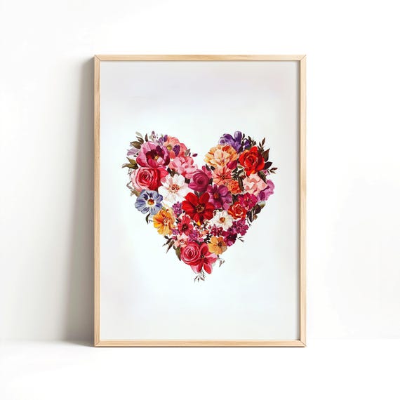 Valentines Day Print Cute Flower Heart Painting Vintage Floral Heart Decor Instant Wall Art Modern Minimalist Poster