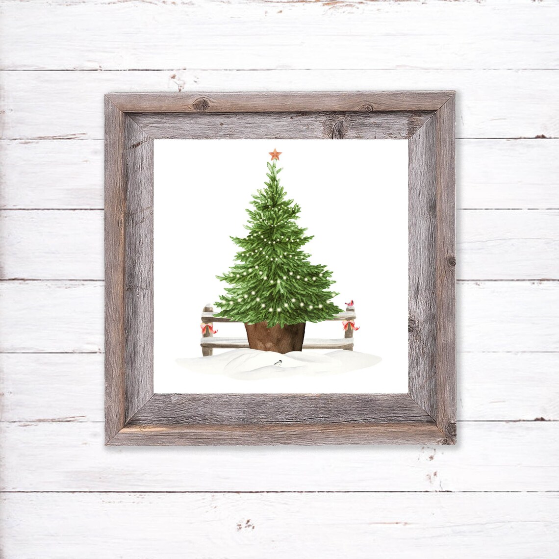Potted Christmas Tree Snowy Fence Minimalist Holiday Watercolor Poster - Image 2