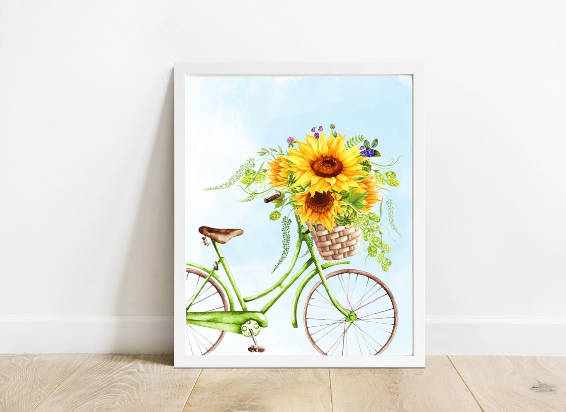 Green Bicycle With Sunflower Basket Summer Watercolor Poster - Image 2