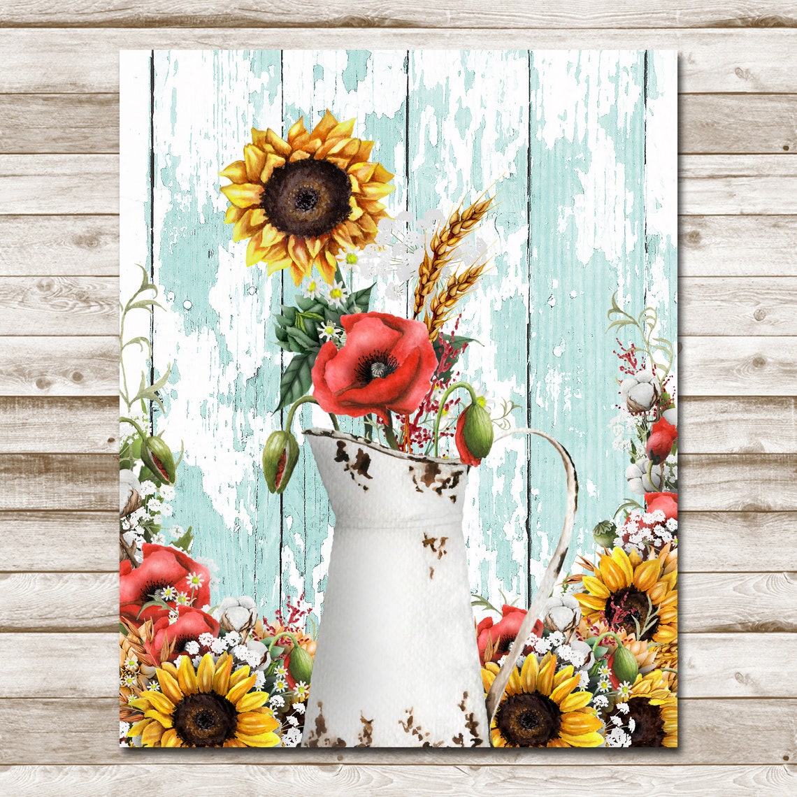Farmhouse Floral Sunflower Bouquet Wall Art 5x7 8x10 11x14 16x20 Poppies Sign Country Flowers Diy Decor Farmhouse Diy Decor - Image 4