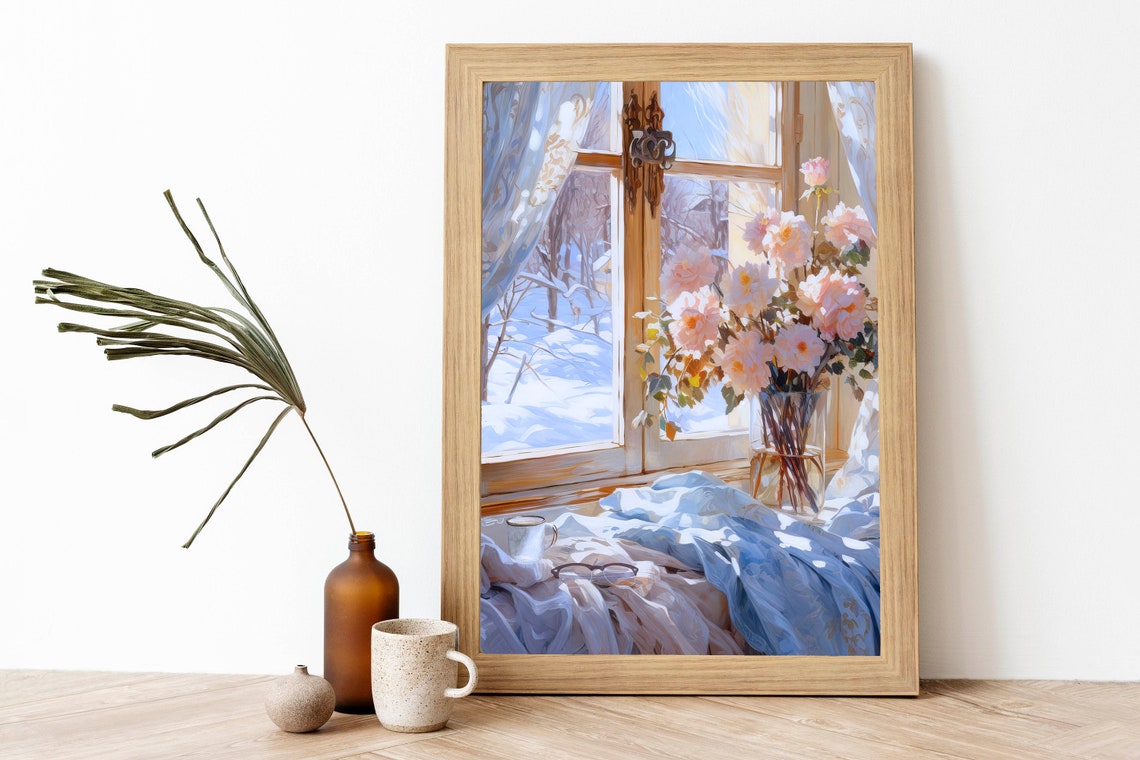 Snowy Winter Window Bouquet Cozy Still Life Watercolor Art Poster