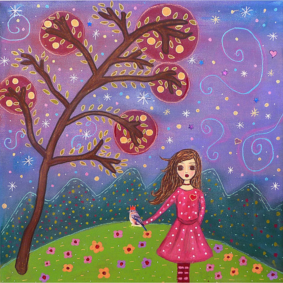 Fairytale Girl with Blue Bird under a Starry Tree Night Poster