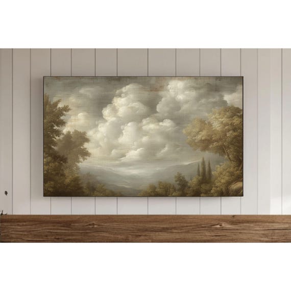 Vintage Sky Painting Frame Tv Wall Art Cloudy Tree Spring Samsung Rustic Neutral Earthy Screensaver Decor Summer Background